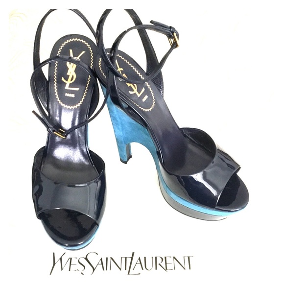 Yves Saint Laurent Blue Patent/Suede Wedge Sandals - Picture 1 of 11